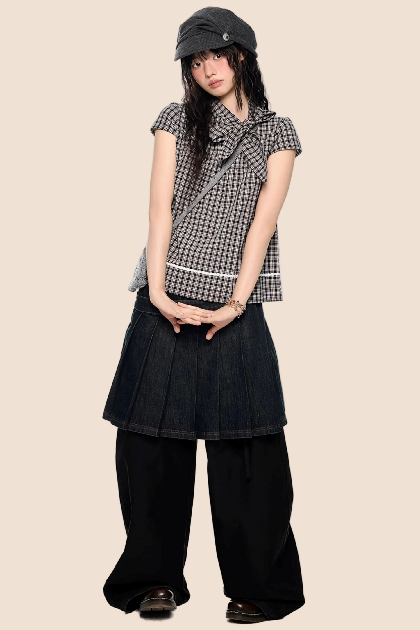 Top color-block con fiocco a quadri