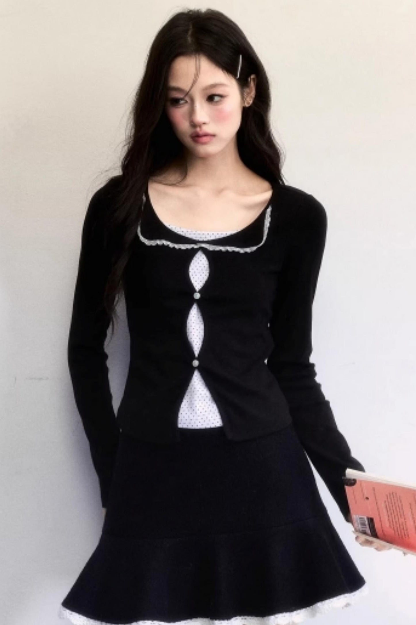 Polka Dot Hollow-Out Knit Sweater Set-Up