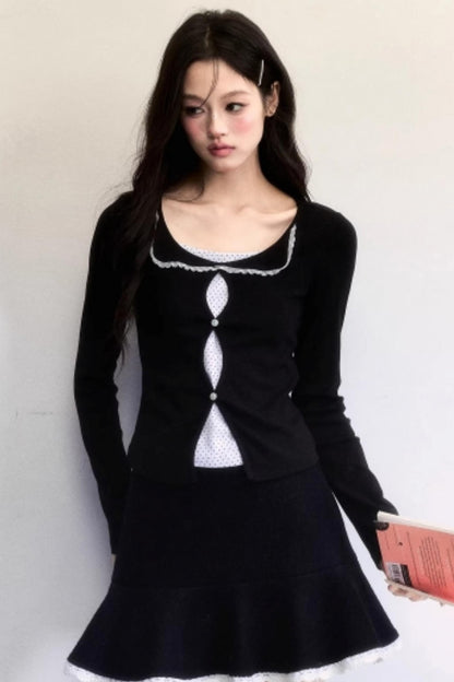 Polka Dot Hollow-Out Knit Sweater Set-Up