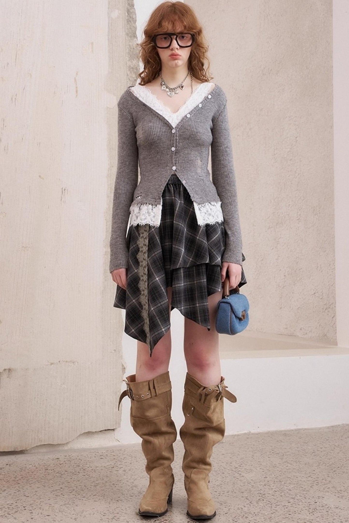 Lace Panel V-Neck Knitted Cardigan