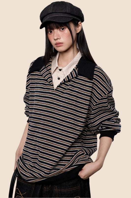 Striped Roll-neck Polo Shirt Top