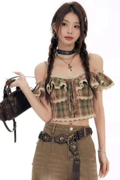 Chemisier rétro à carreaux à épaules dénudées