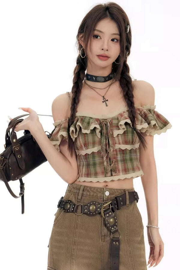 Retro Plaid Off-Shoulder Blouse