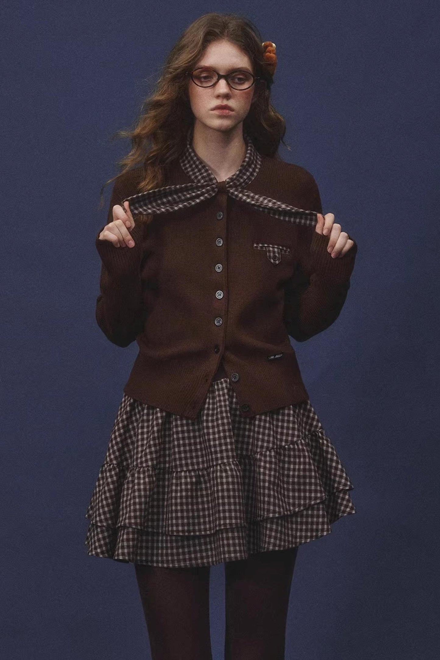 Plaid Melard Knit Top Skirt Set-Up