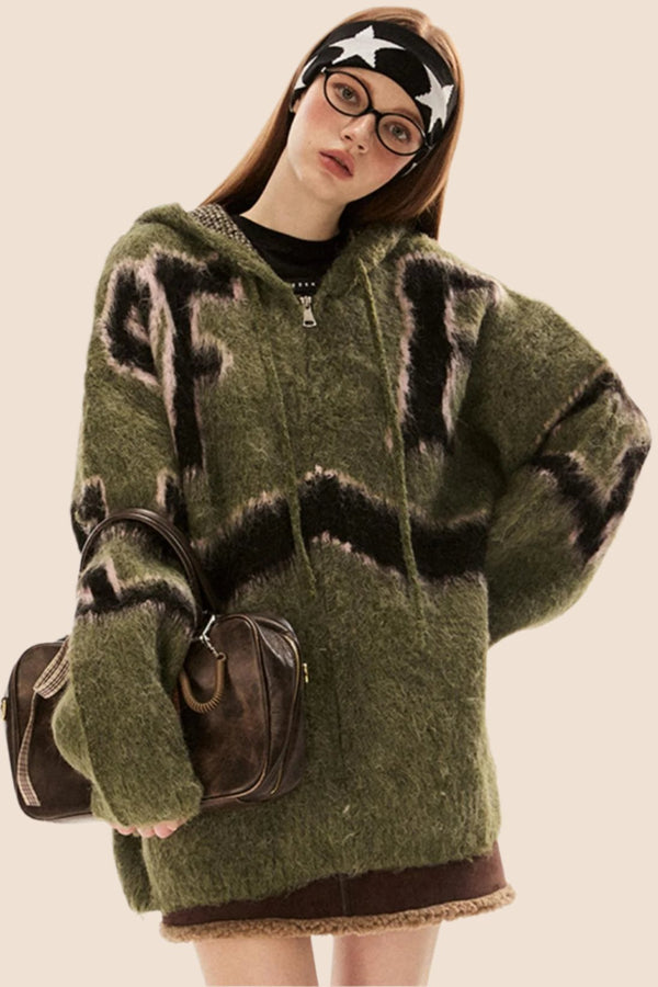 Retro Kapuzenpullover aus lockerem Strick 