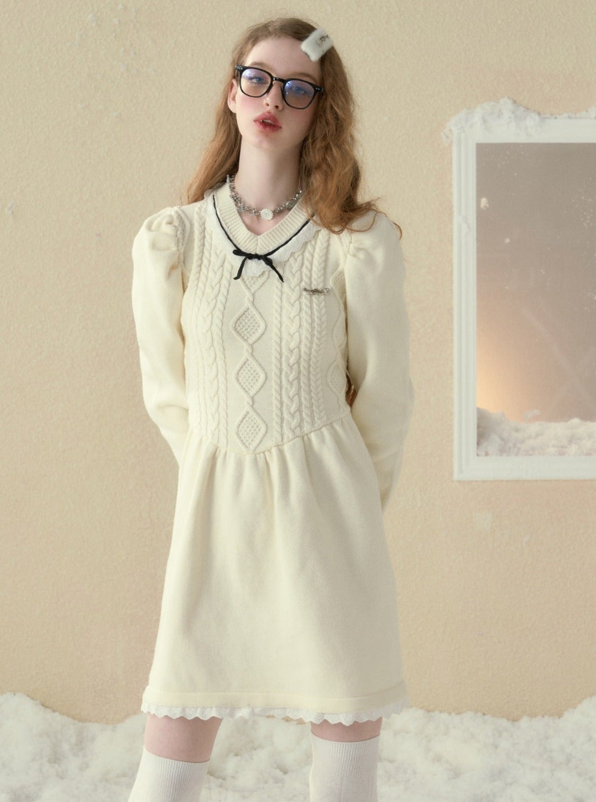 Original V-neck beige dress