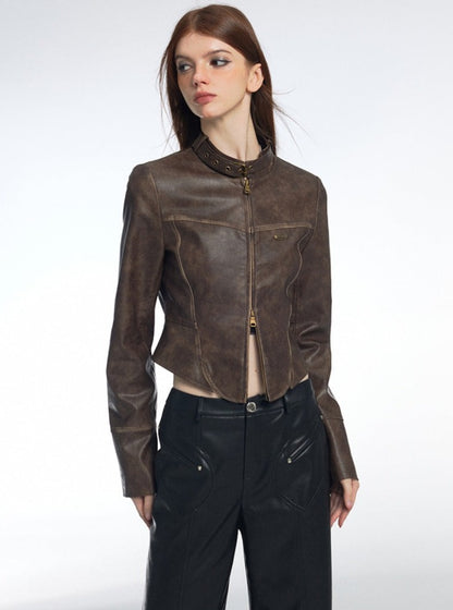 Retro Slim Brown Stand Collar Leather Jacket