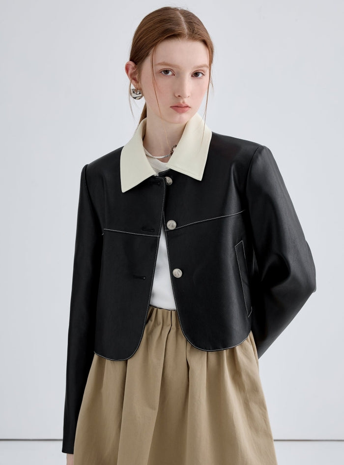 Retro color-blocked lapel short leather jacket