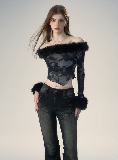 Fur collar long sleeve T-shirt