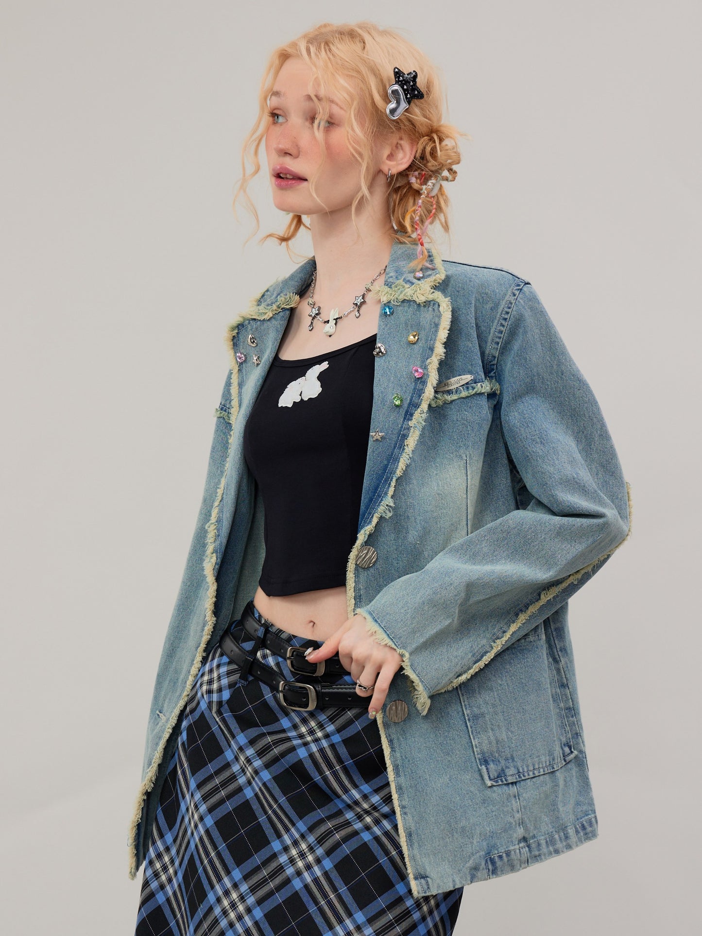 American vintage diamond denim blazer jacket