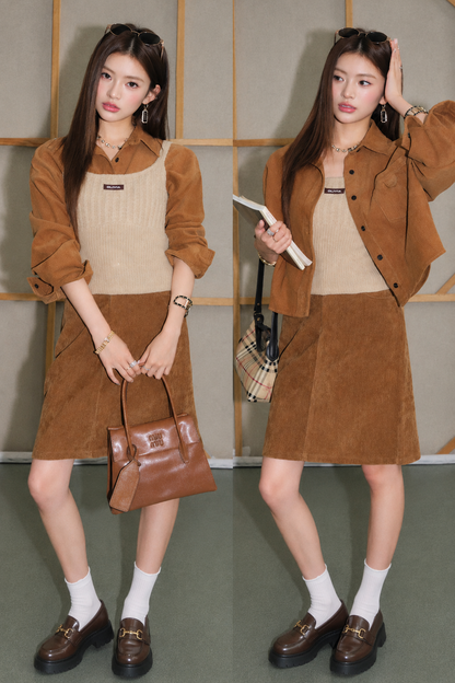 Brown Corduroy Jacket and Knit Vest Two-Piece Set-Up