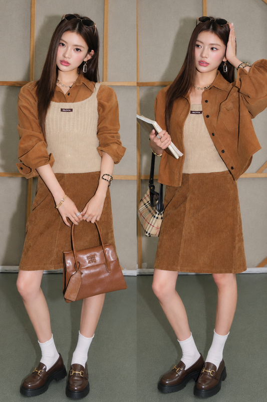 Brown Corduroy Jacket and Knit Vest Two-Piece Set-Up