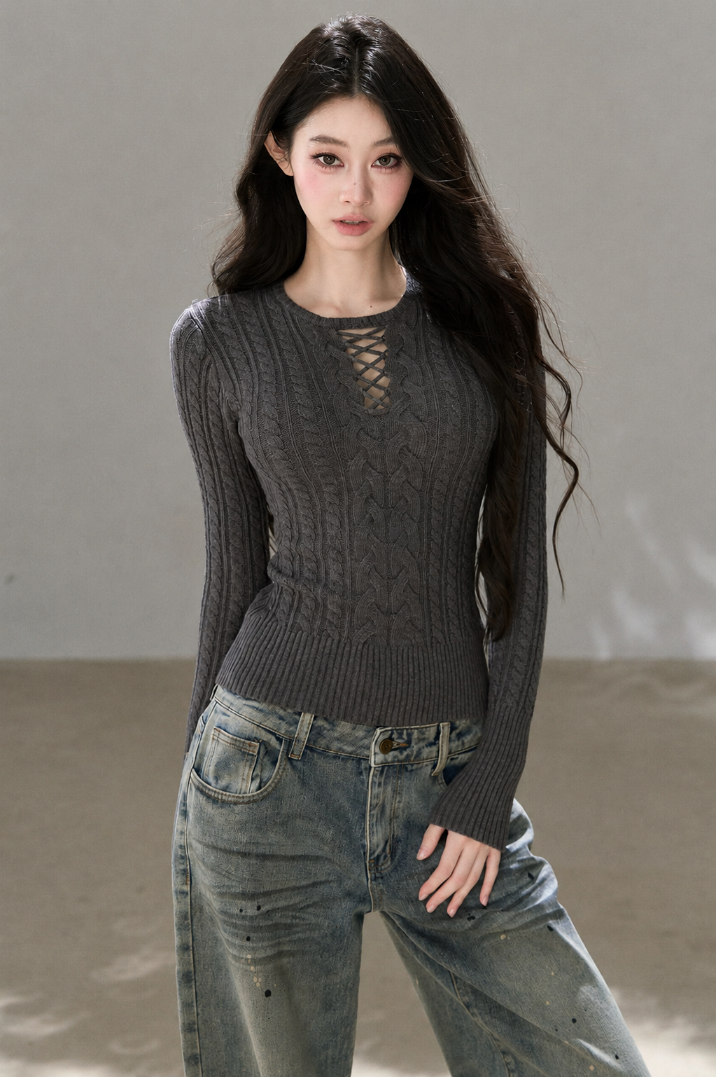 High-Stretch Lace-Up Knit Top