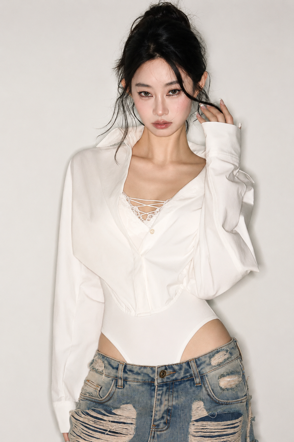 Lace Cross-Tie Bodysuit Top
