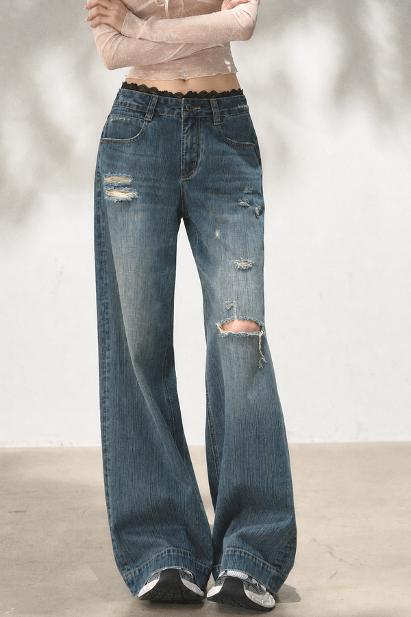Lace Distressed Wide-Leg Jeans