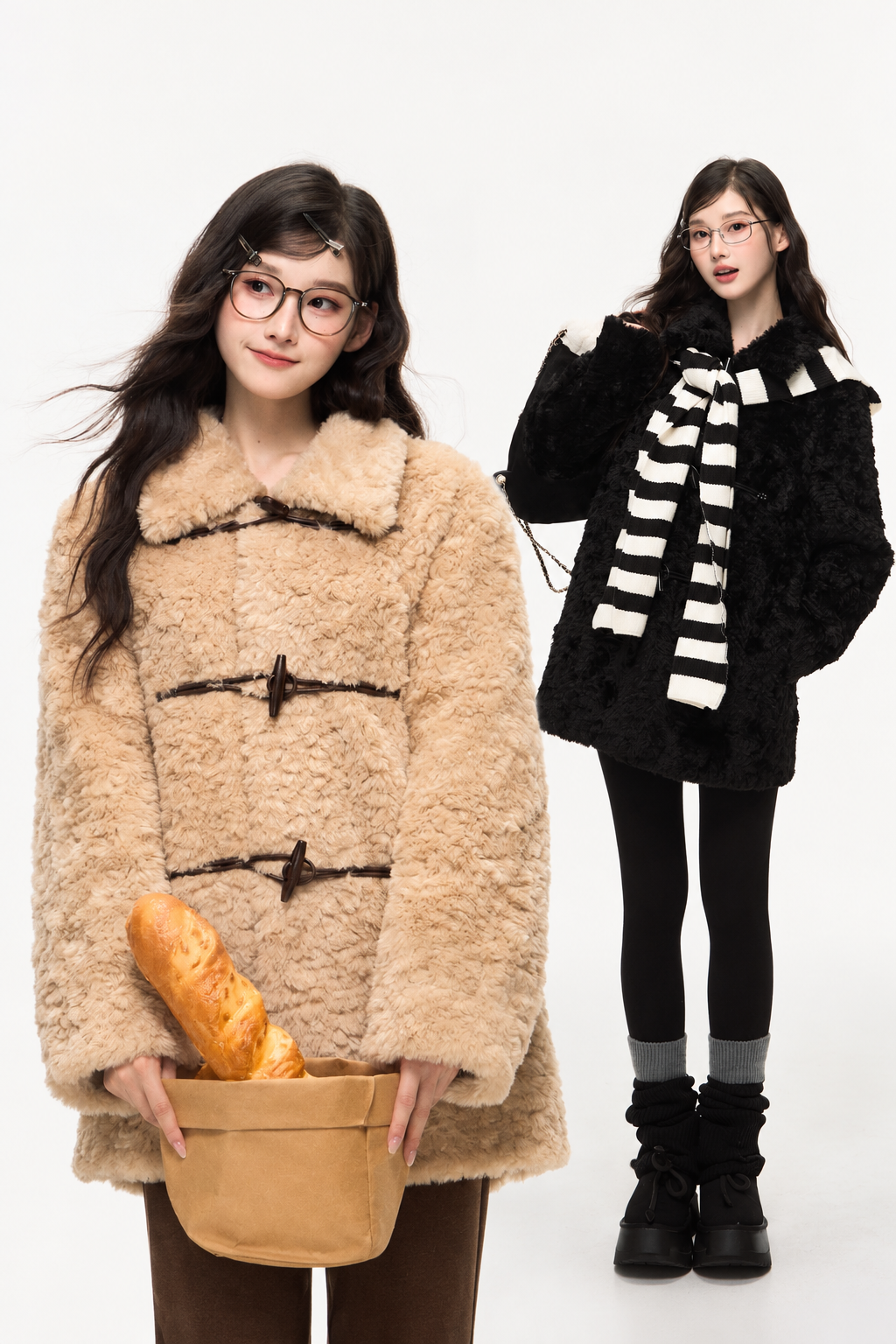 Wool Fur Horn Button Coat and Pants Set-Up