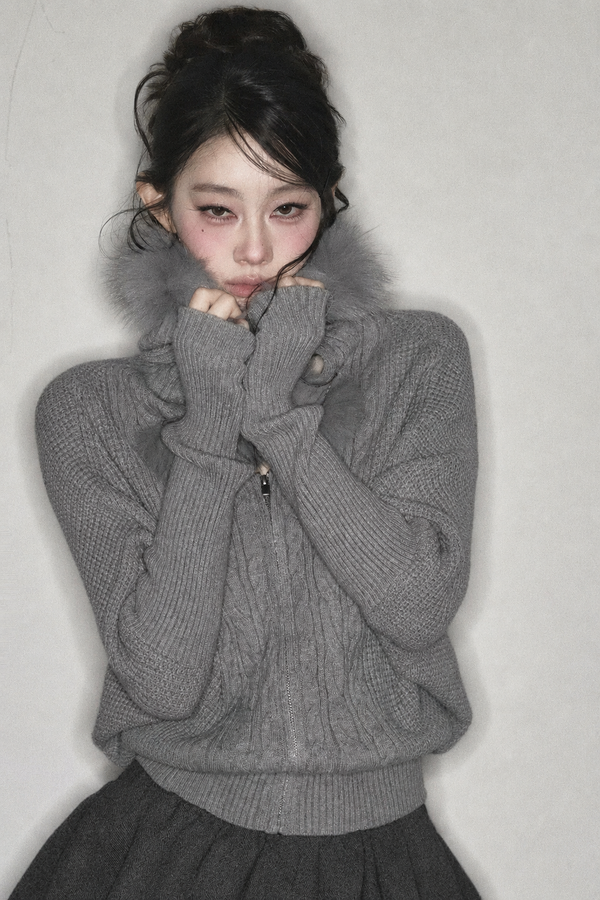 3D Twist Knit Hooded Cardigan