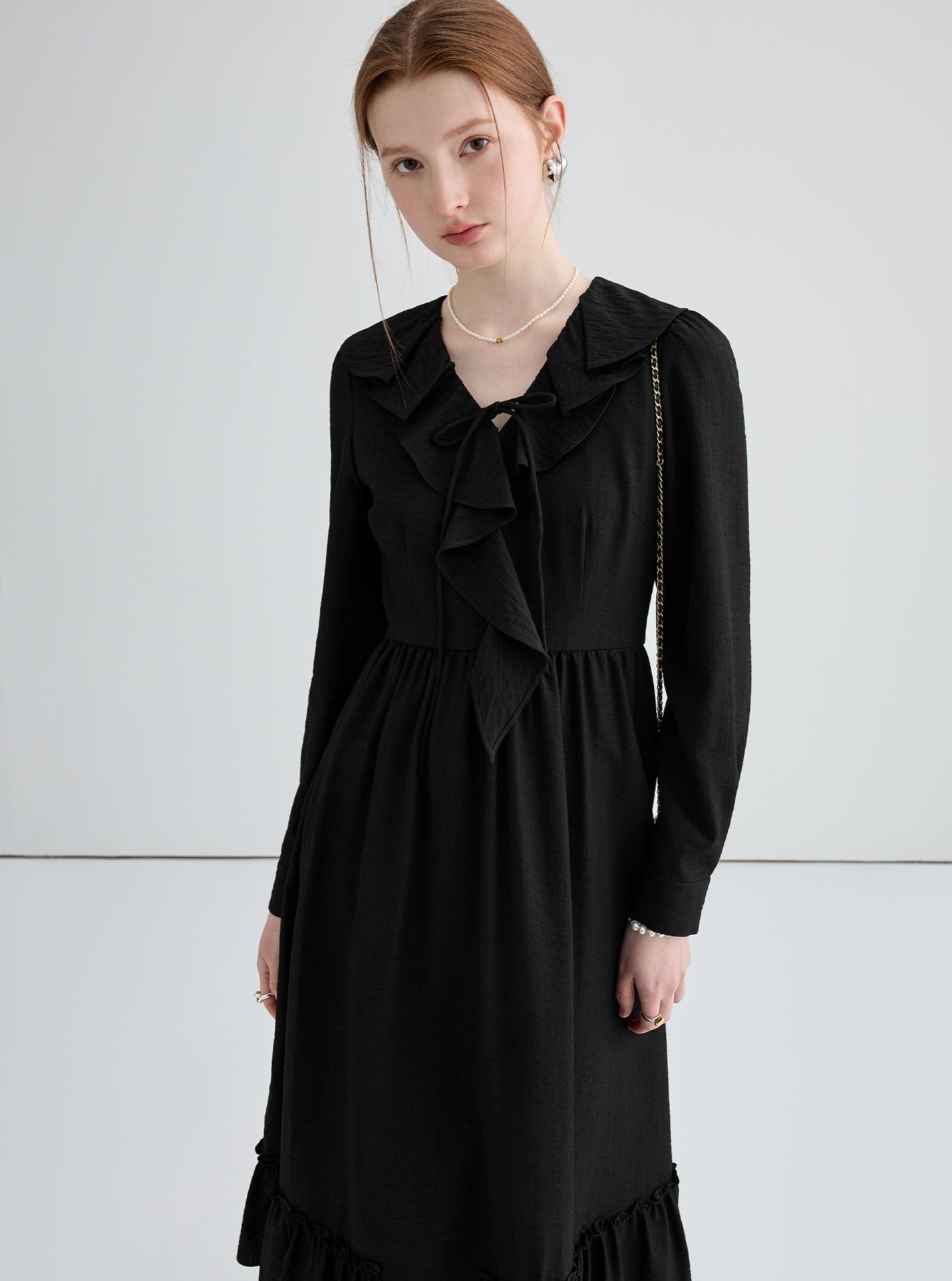 Black Irregular Ruffle Long Dress