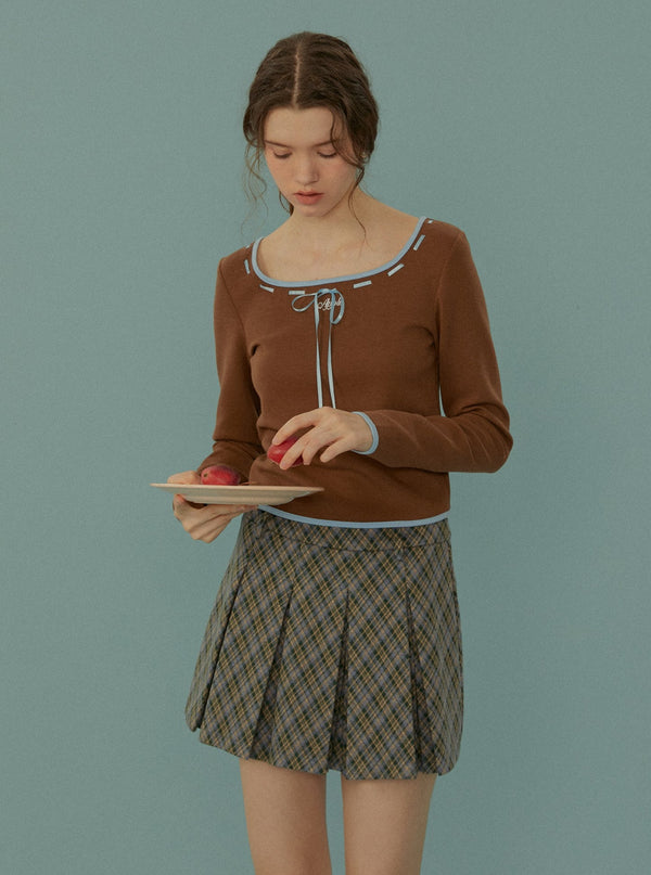 U-neck ribbon embroidery long sleeve base t-shirt