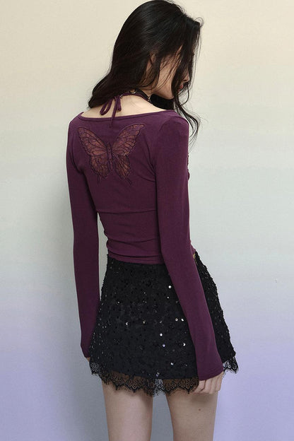 Butterfly Embroidery Long-Sleeve V-Neck T-Shirt