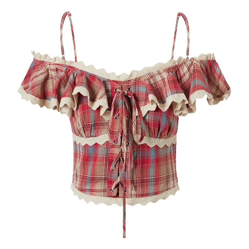 Chemisier rétro à carreaux à épaules dénudées