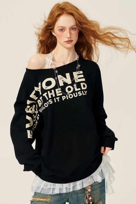 Weniger auch lässig städtischen amerikanischen Mode Marke schrägen Schulter Sweatshirt Frauen Frühherbst lose dünne off-the-Schulter faul Top