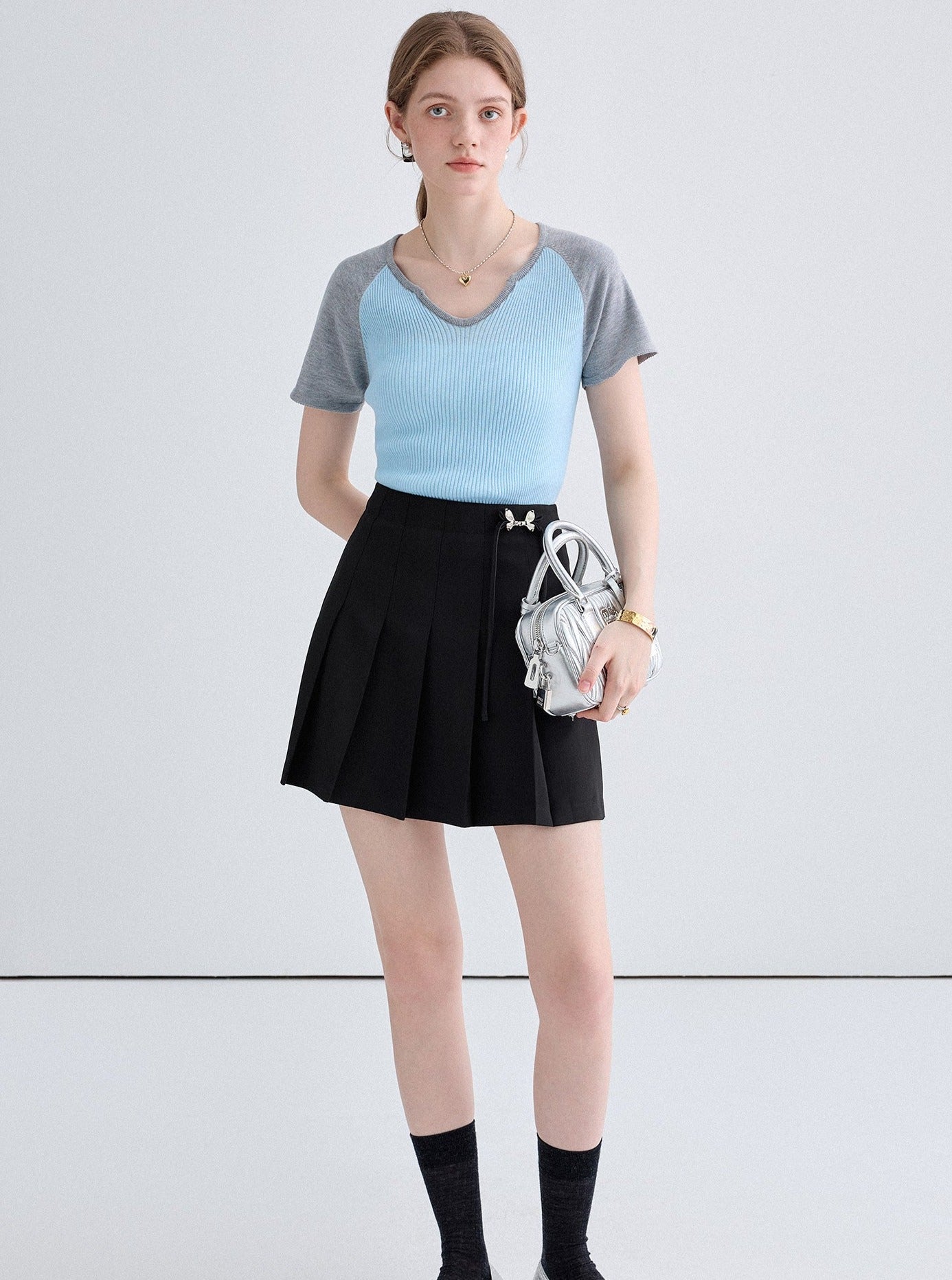 Raglan Sleeve French Knit T-Shirt And Skirt Set-Up