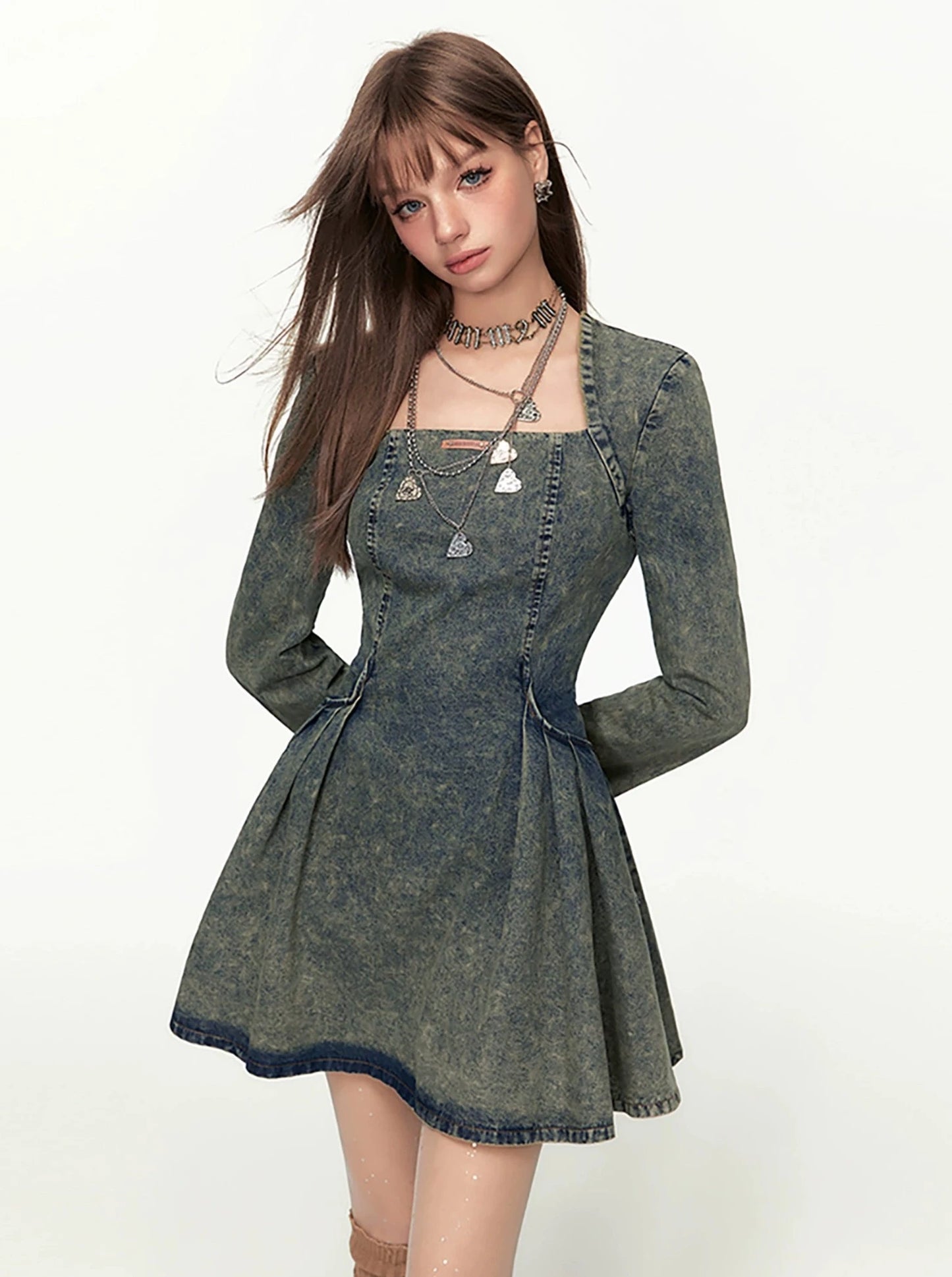 Hong Kong Style Retro Square Neck Denim Dress