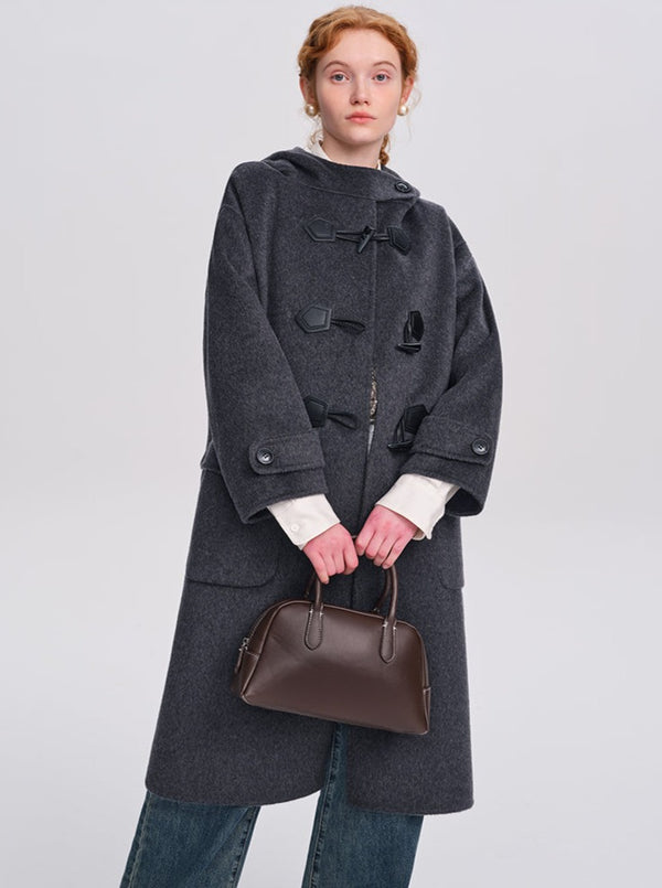 Mid-length hooded double-sided woolen coat
