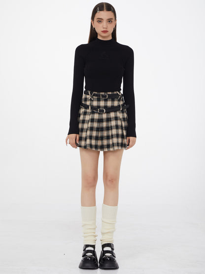 American retro a-line high-waisted check plaid skirt