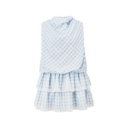 Blue Plaid Lace A-Line Dress
