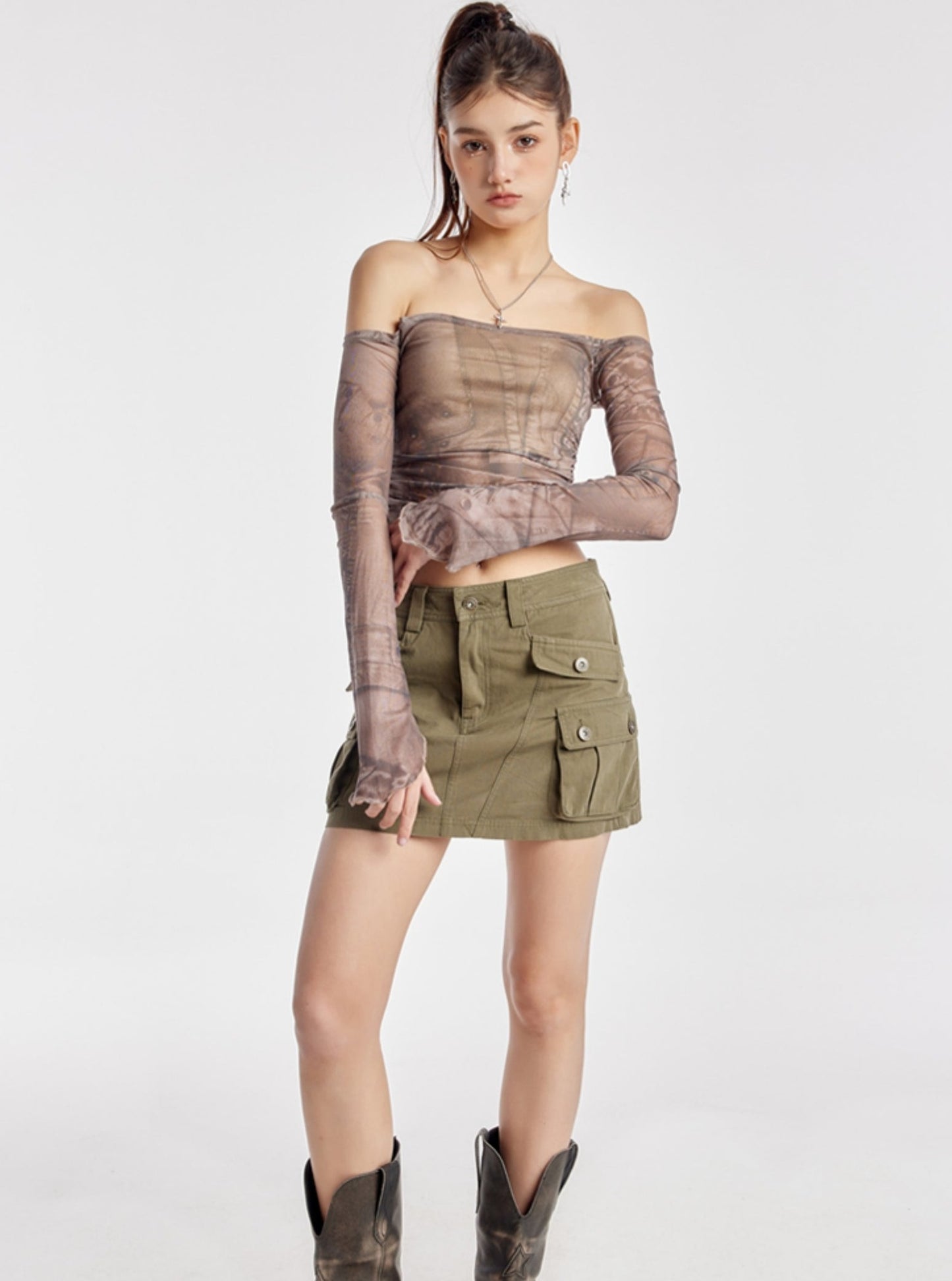 One-Shoulder Pleated Mesh Top