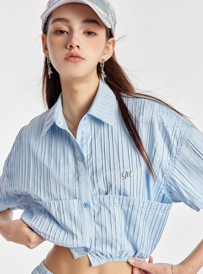 Sky Blue Elasticated Crop Shirt With Simple Skirt Set-Up