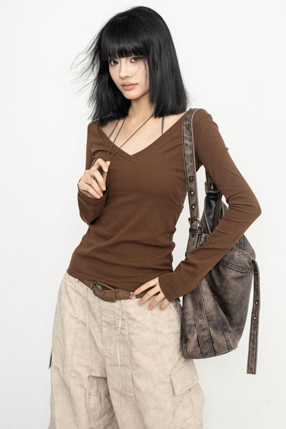 Retro V-neck Basic Top