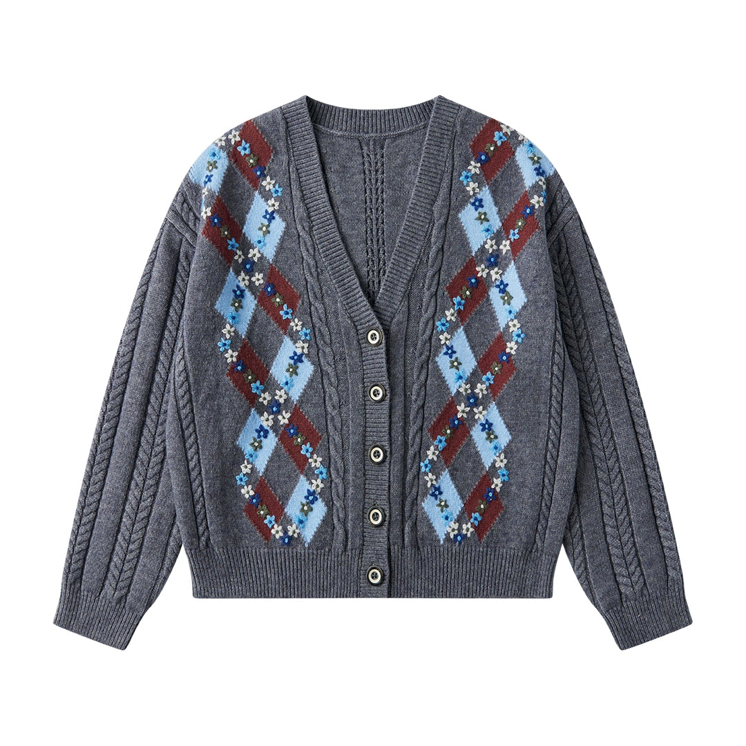 Crochet Retro Preppy V-Neck Knitted Cardigan