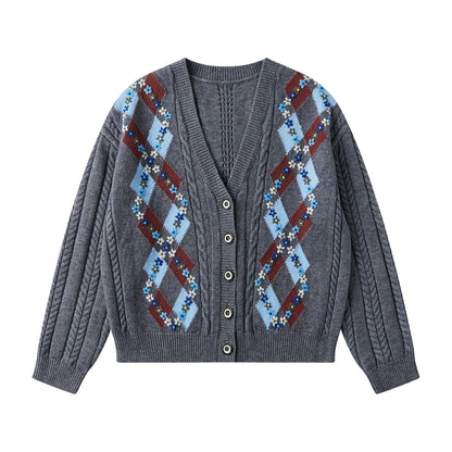 Crochet Retro Preppy V-Neck Knitted Cardigan