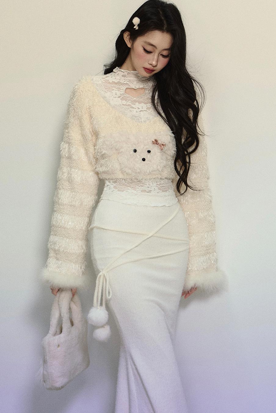 Plush Lace Short Sweater & Fishtail Skirt Set-Up