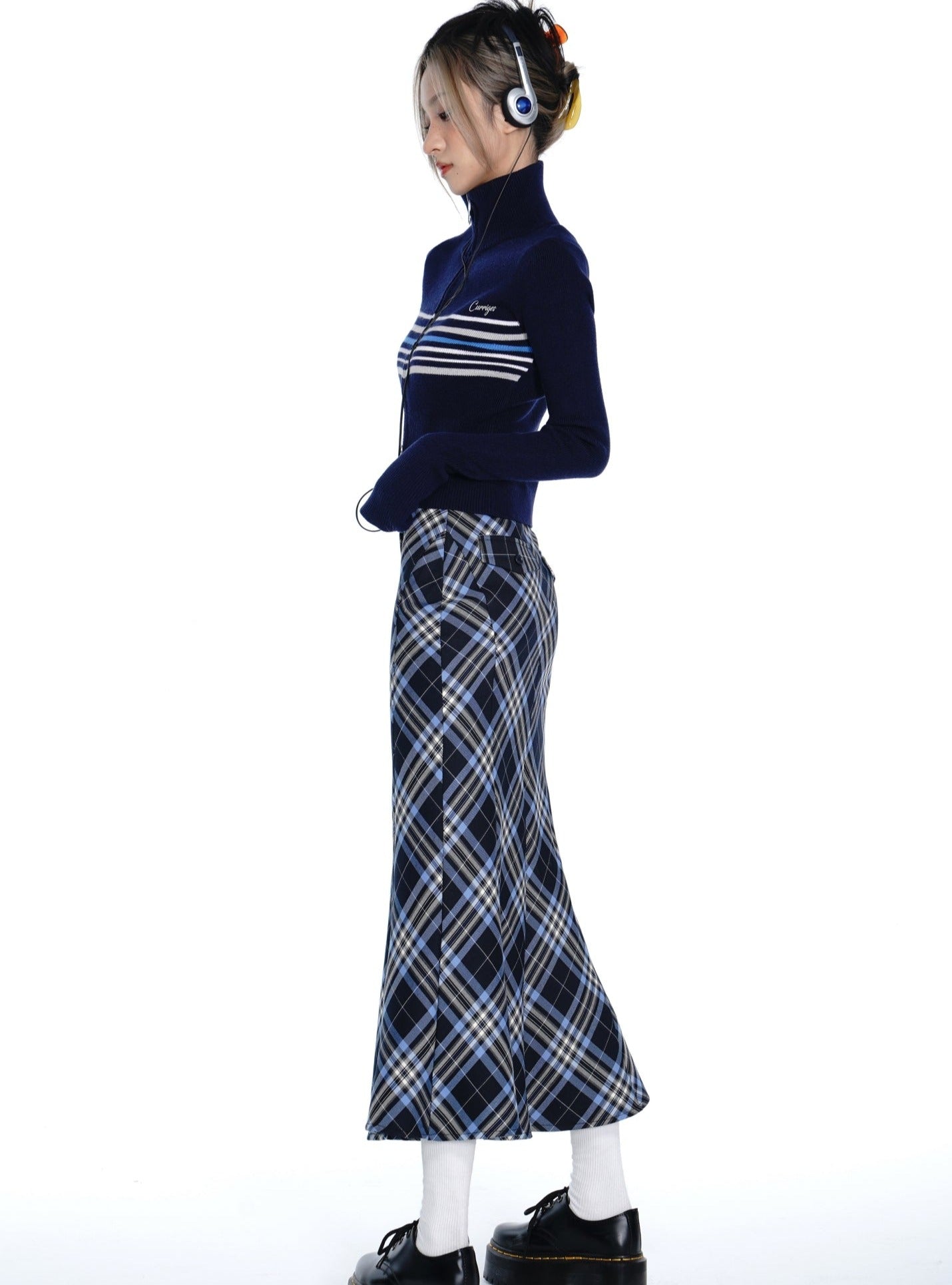 Retro Plaid Fishtail Long Skirt