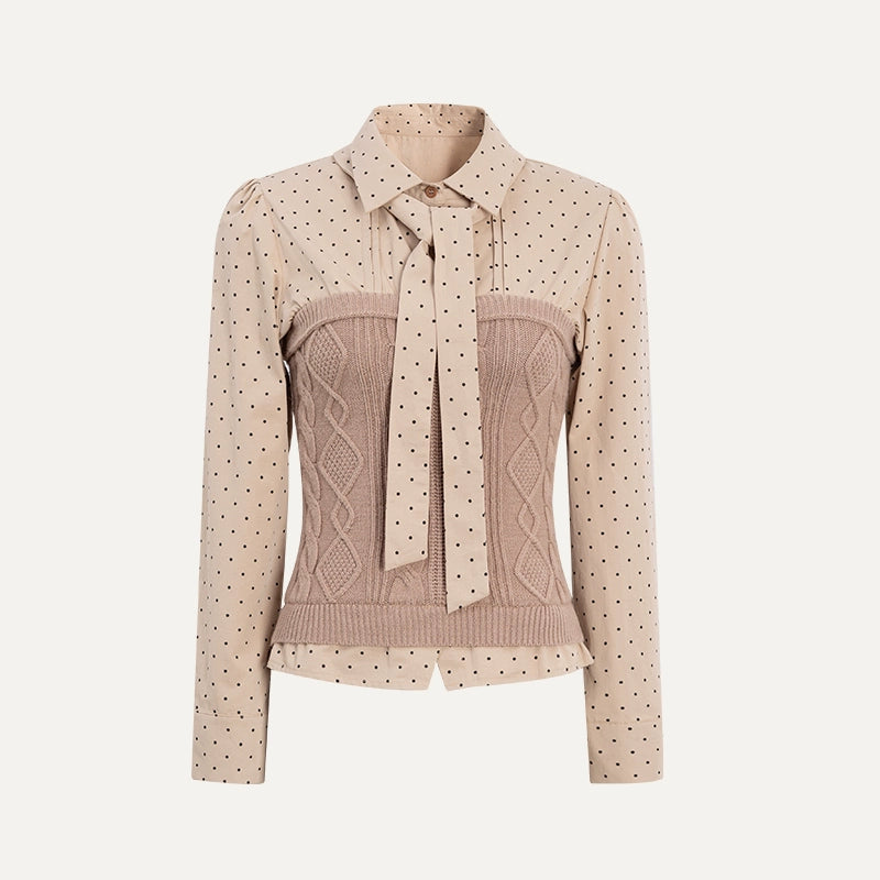 Polka Dot Patchwork Shirt And Skirt Set-Up