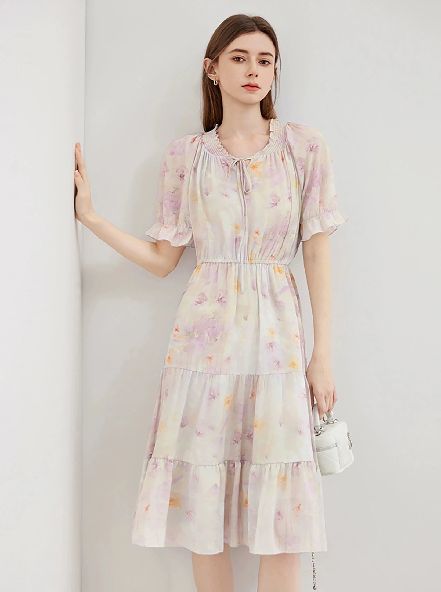 Pressed Pleats Gentle A-Line Floral Dress