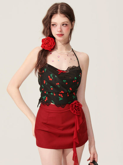 Red Tea Rose Halterneck Black T-Shirt