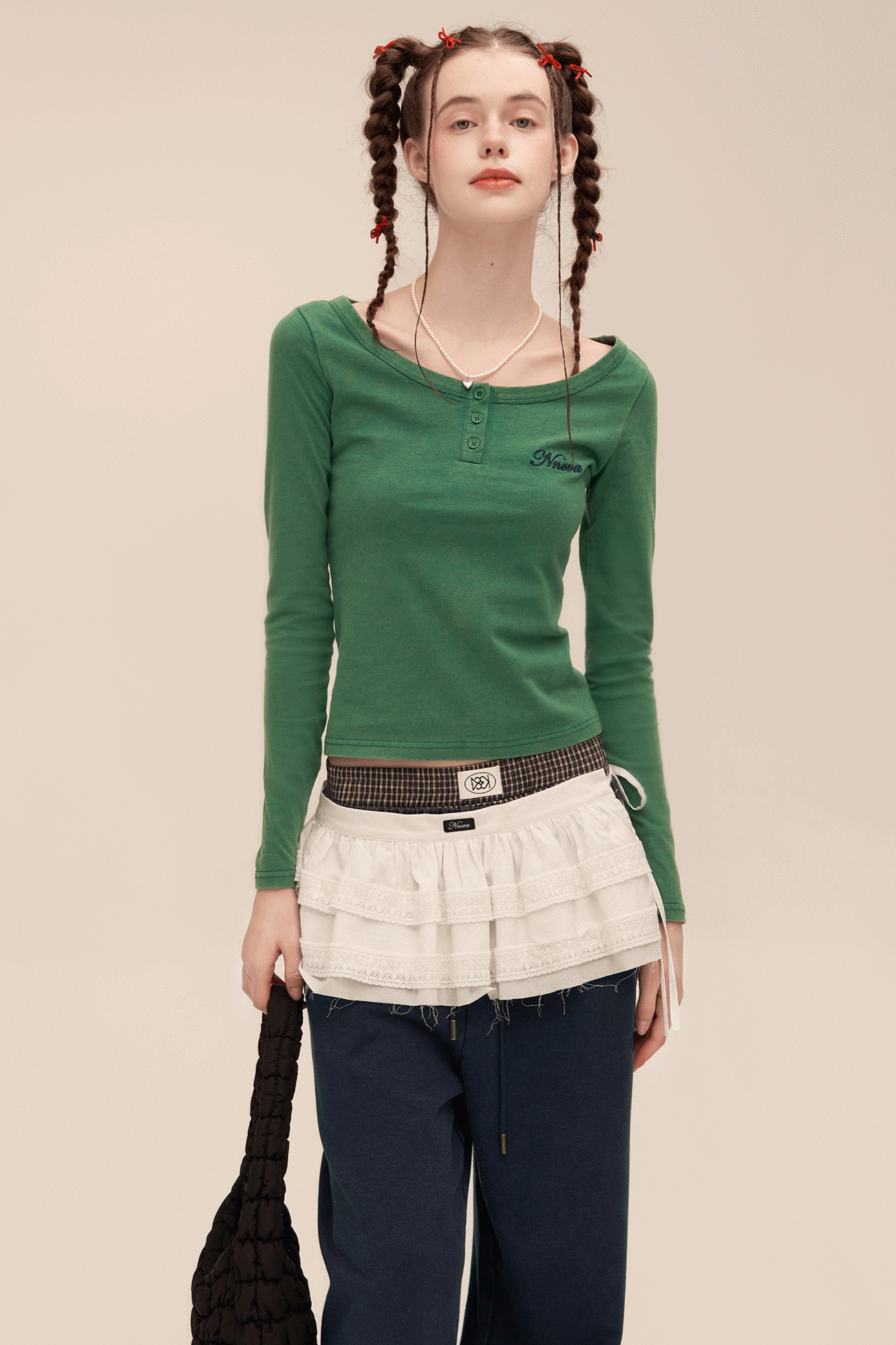 Vintage Crew Neck Embroidery Half-Collar Top