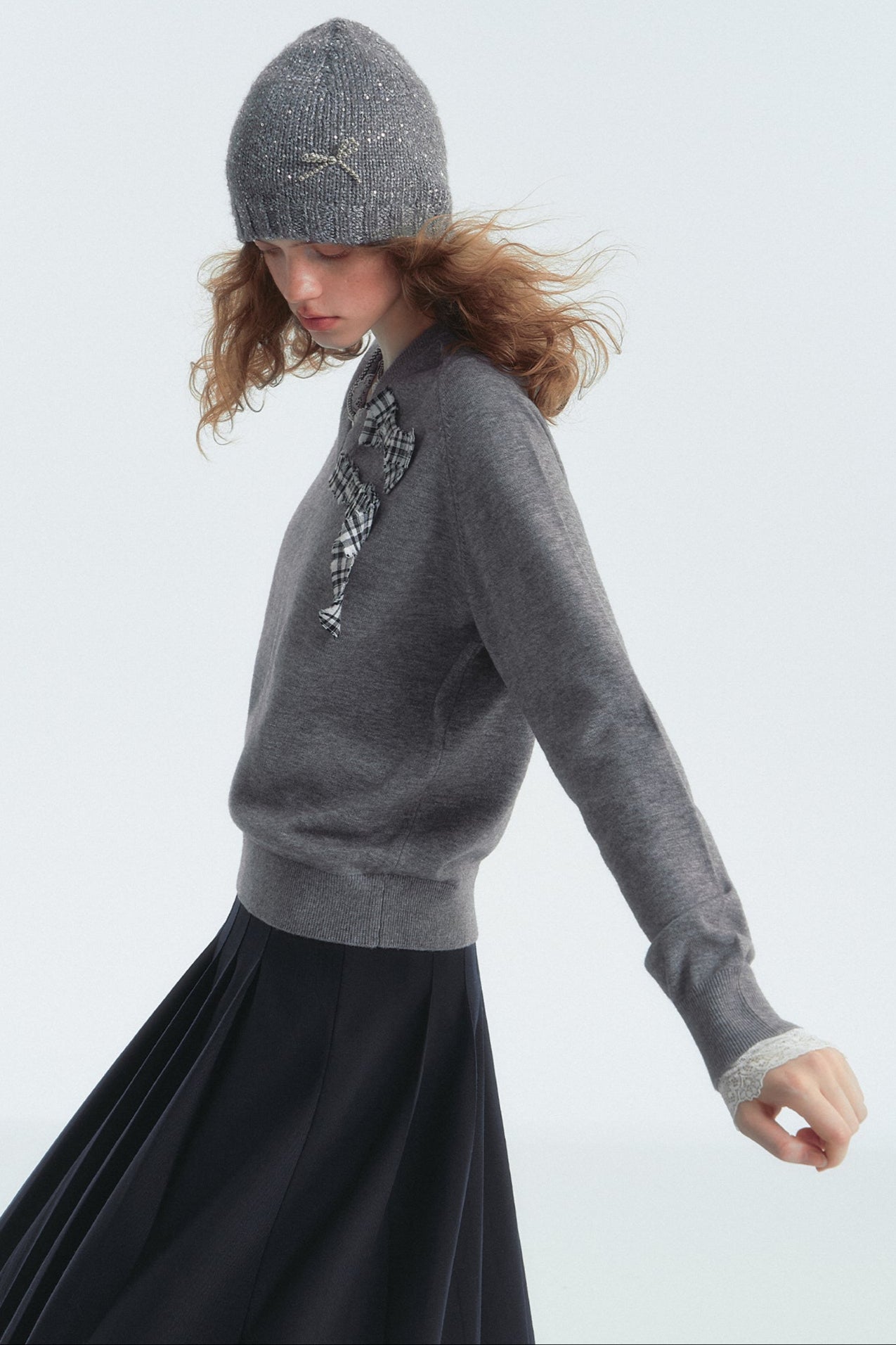 Bow Detail Checked V-Neck Jumper