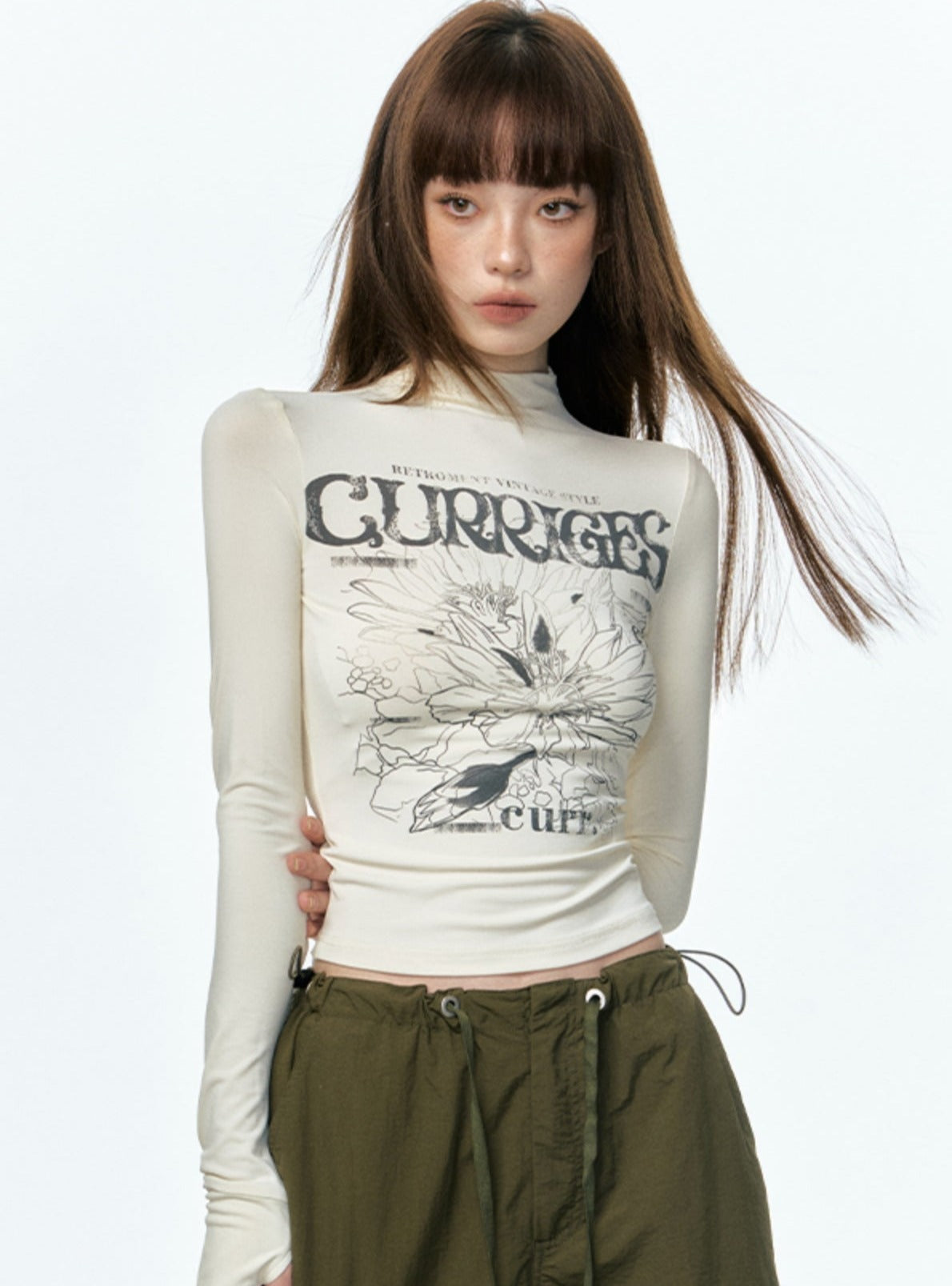 Vintage Print Half-Turtleneck Base Layer T-Shirt