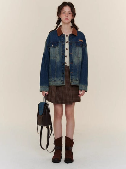 AMERICAN RETRO COLOR-BLOCKED DENIM JACKET & SKIRTS SETS