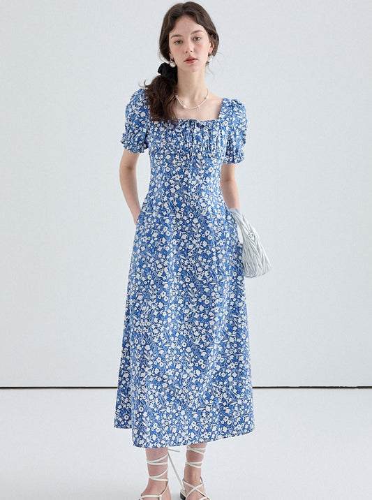 VEGA CHANG Kleid Women's Summer 2024 New French Print High Waist Slim Puff Sleeve Tea Dress
