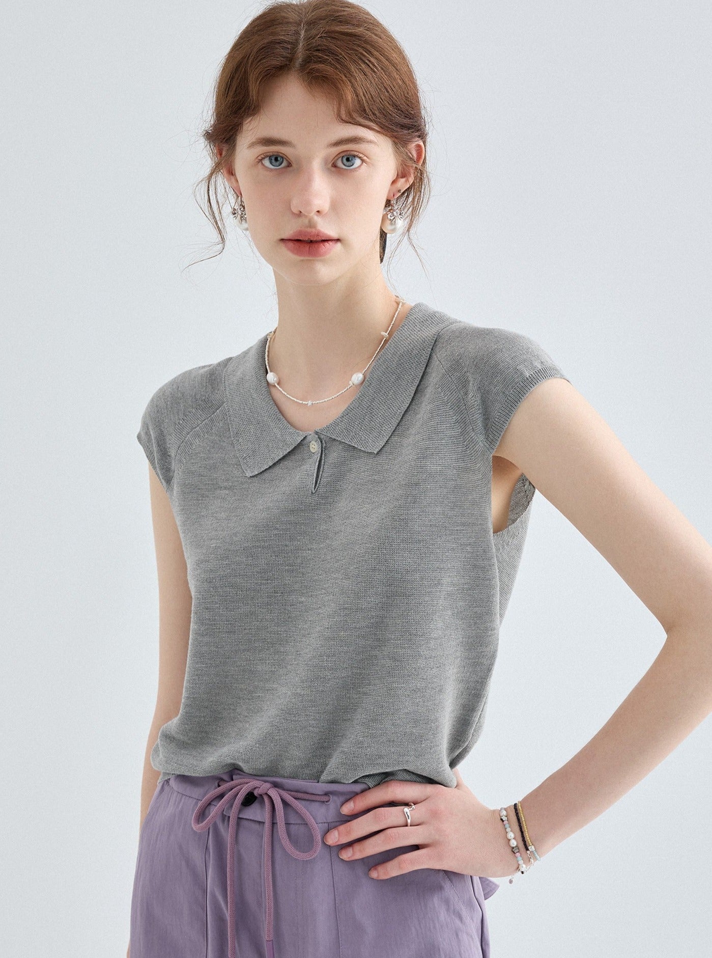 Casual Silhouette Knit Polo Top