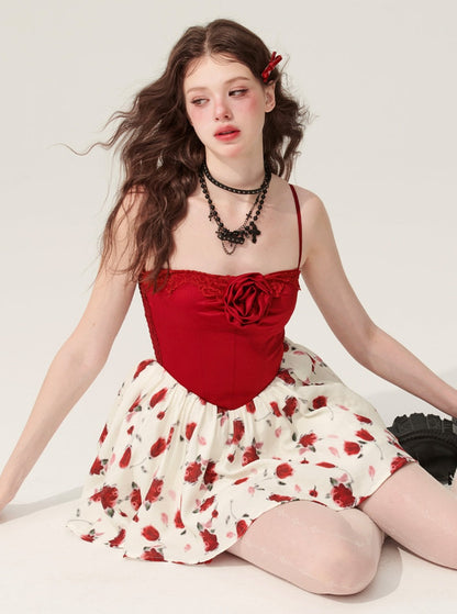 Weniger auch leicht betrunken, rosa rotes Slip-Kleid, Damen Sommer Taille cinched A-Linie Rock, floral schönen puffy Rock