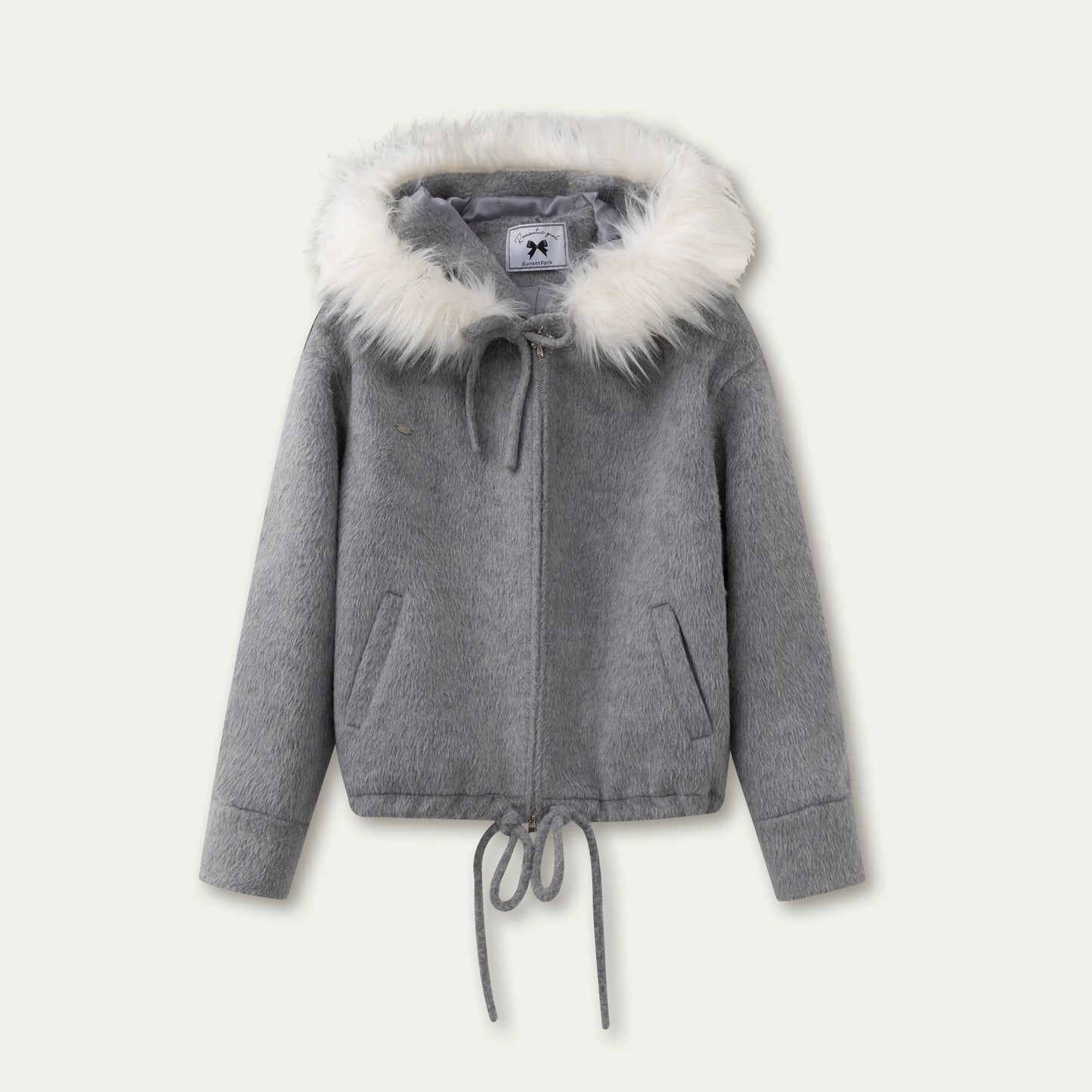 Gray Pink Wool Fur Collar Jacket