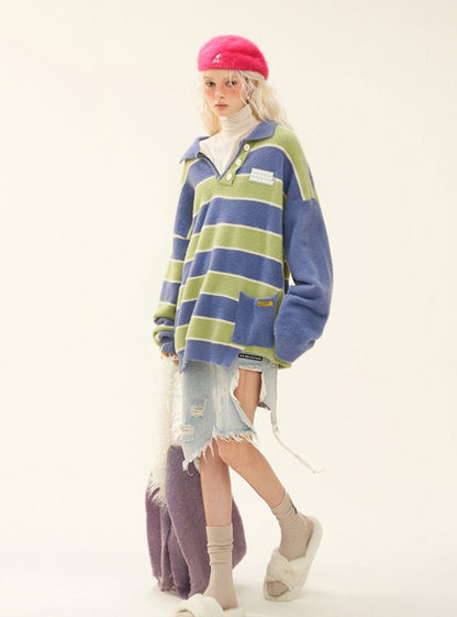 Irregular color contrast striped zipper sweater